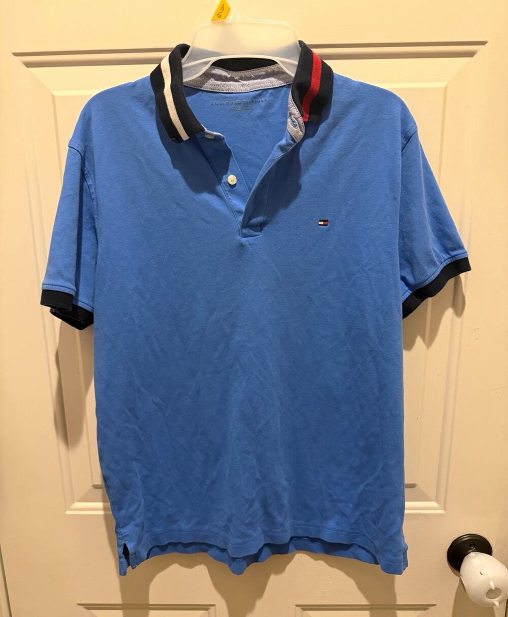 Tommy Hilfiger Men’s Blue Solid Short Sleeve Collared Logo Polo Shirt M